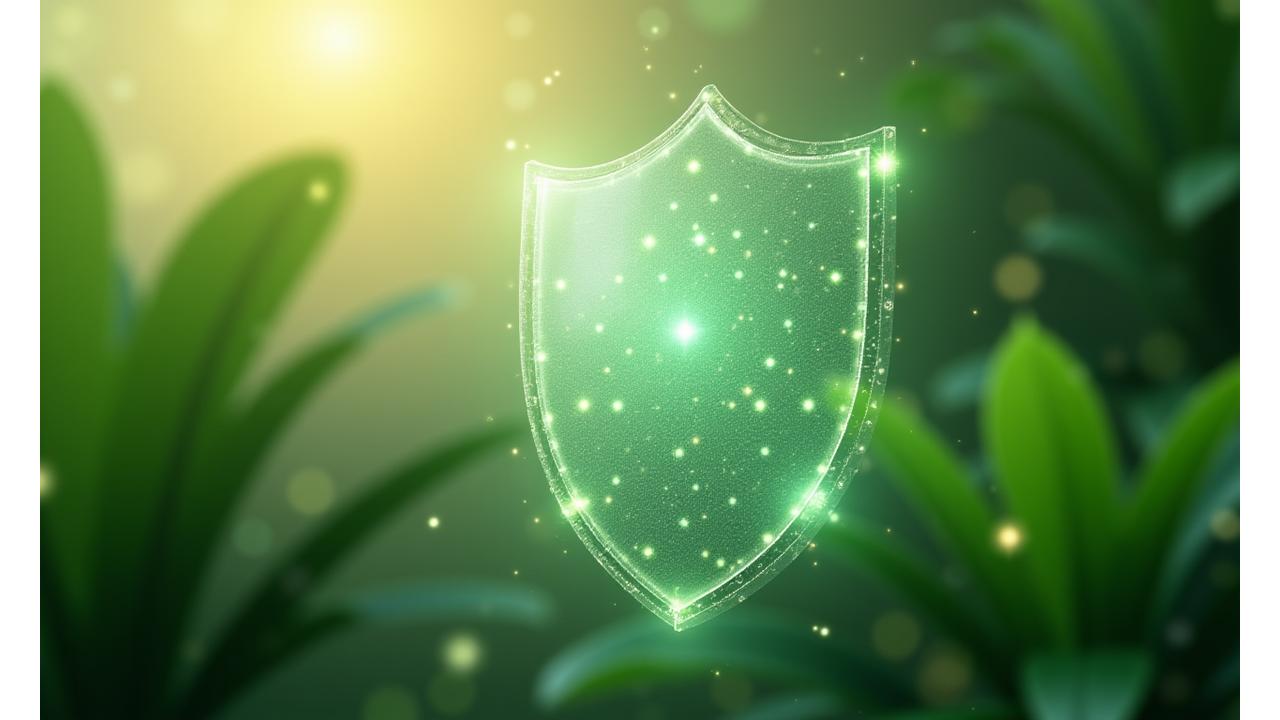 Abstract illustration of data privacy and security, with glowing data streams within a protective shield, set against a ElysiumFlorique, natural backdrop.